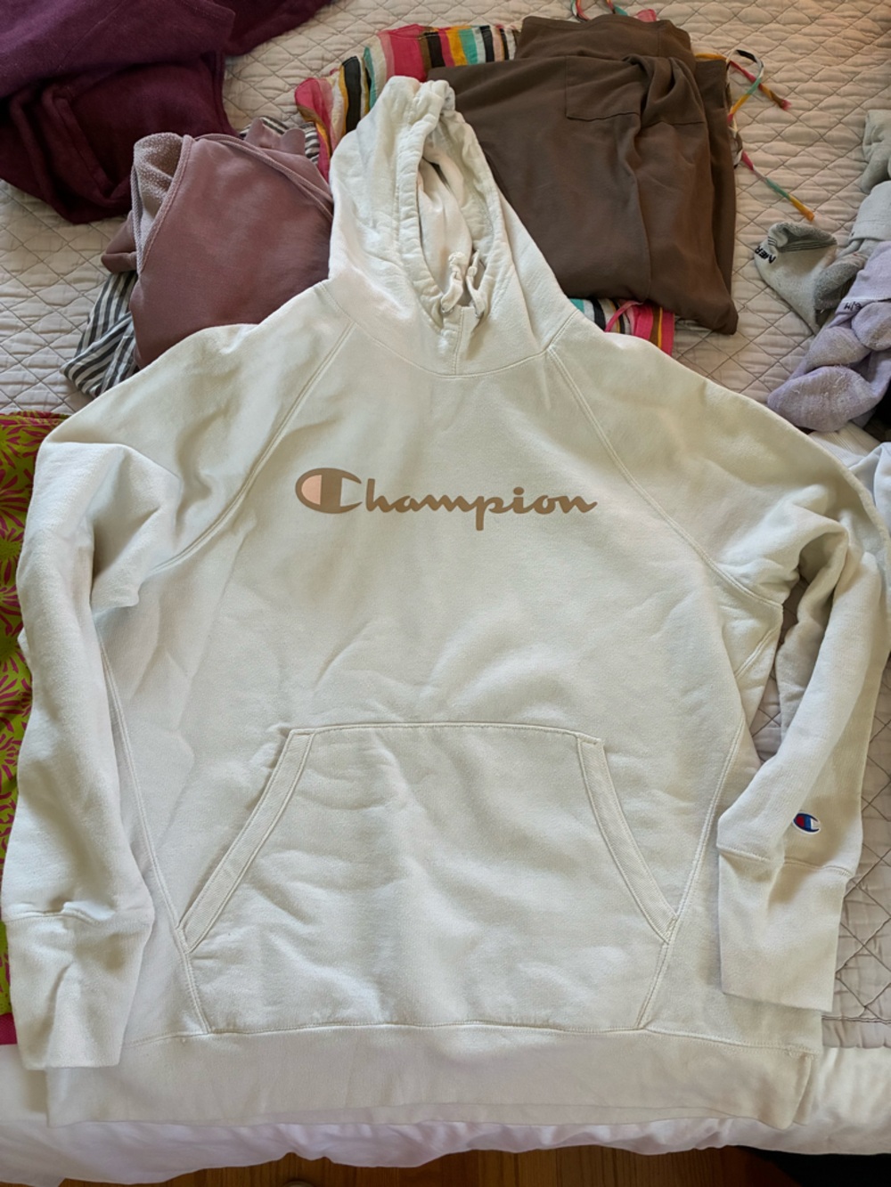 Champion Cream Hoodie with Blue and Red Logo Accent size xl